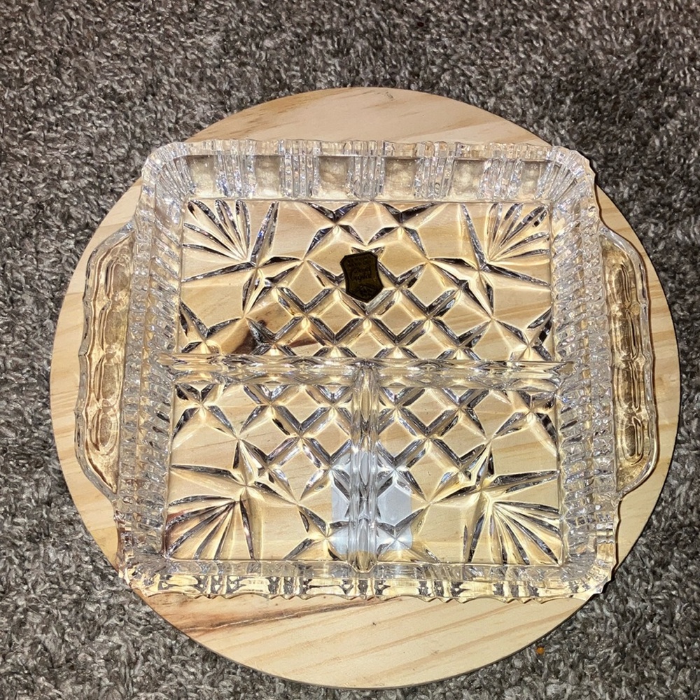 Made In Poland Genuine Hand Cut Crystal Divided Dish  8” New With Tags